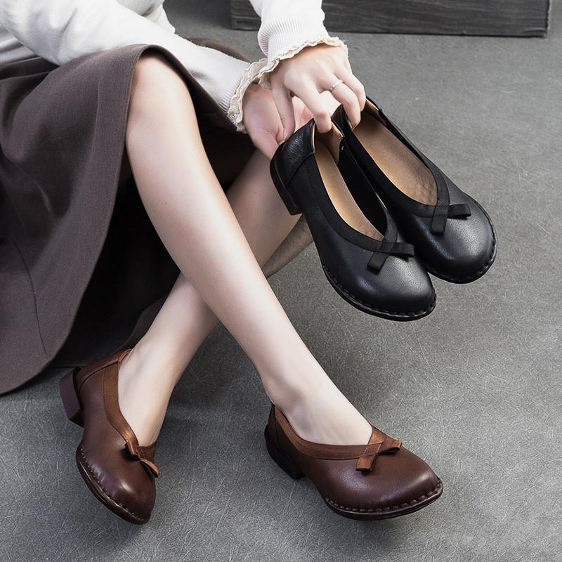 Johnature Genuine Leather Comfortable Low Heel Shoes Retro Versatile Pumps Round Toe Women's Shoes