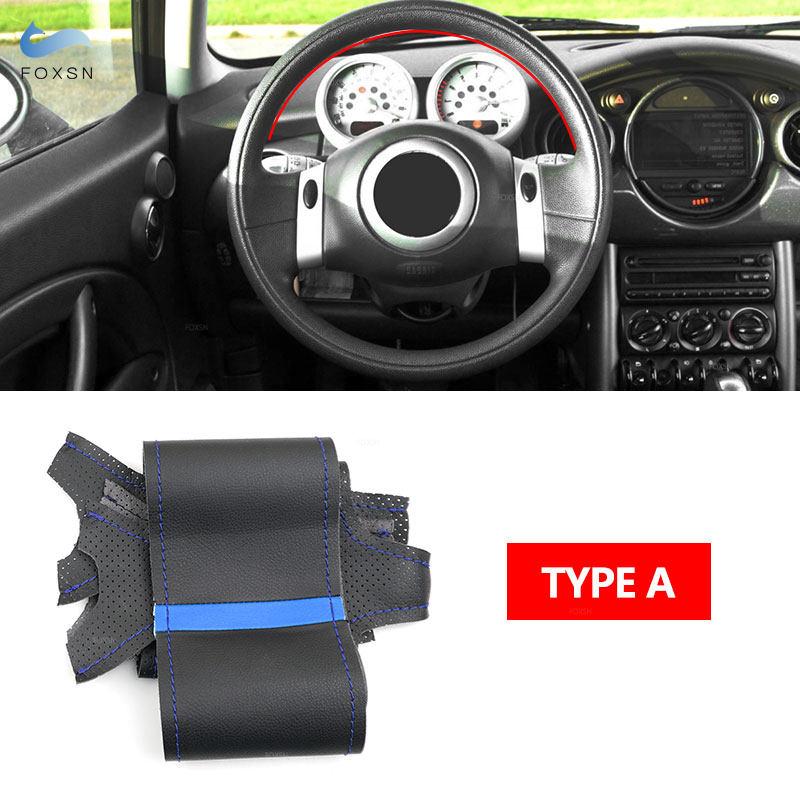For Mini Coupe 2001-2006 Convertible 2004-2008 For Mini R50 R53 R60 Car Steering Wheel Cover Trim Black Leather with Blue