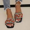 Large Size Slippers Women's Summer New Square Head Rhinestone Flat Bottom One Word Beach Cool Slippers