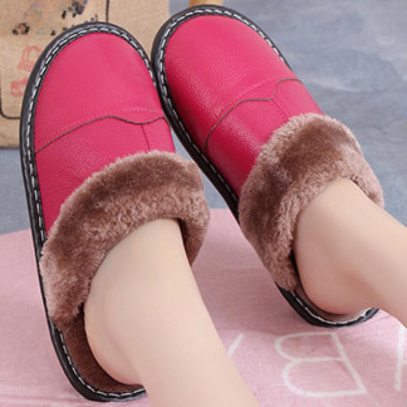 2024 Winter Leather Women Slippers Indoor Waterproof Warm Slippers Home Fur Couple Shoes Flat Ladies Men'S Slippers Cotton Shoes