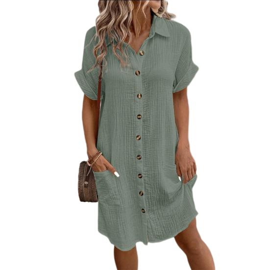 Summer Women Dress Turn-down Collar Single-breasted Loose Short Sleeves Loose Solid Color Patch Pocket Knee Length Commute Leisure Midi Dress