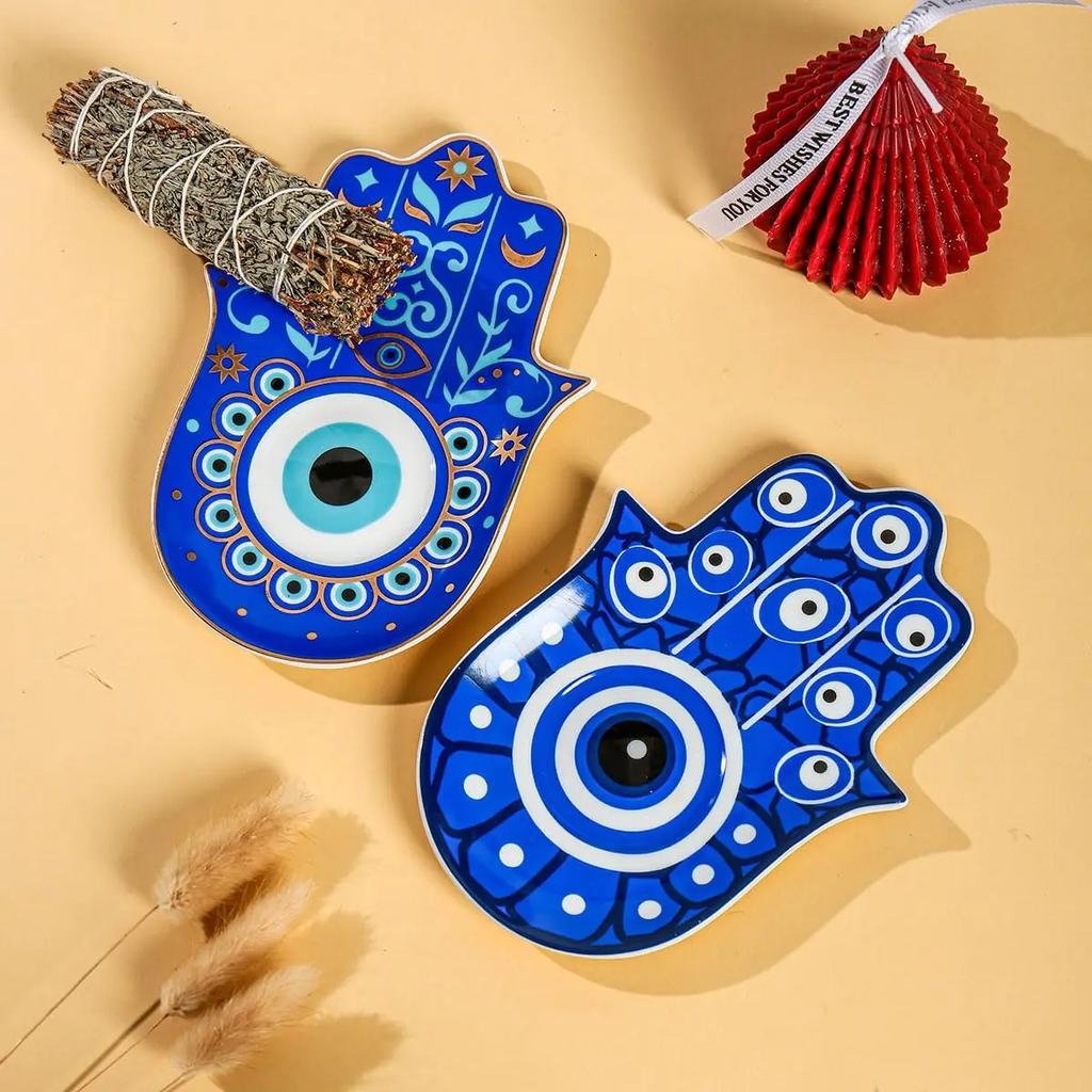 Evil Eye Hand of Fatima Holder,Jewelry Tray, Ring Dish,Decorative White Ceramic Ring Tray for Jewelry, Key Bowl