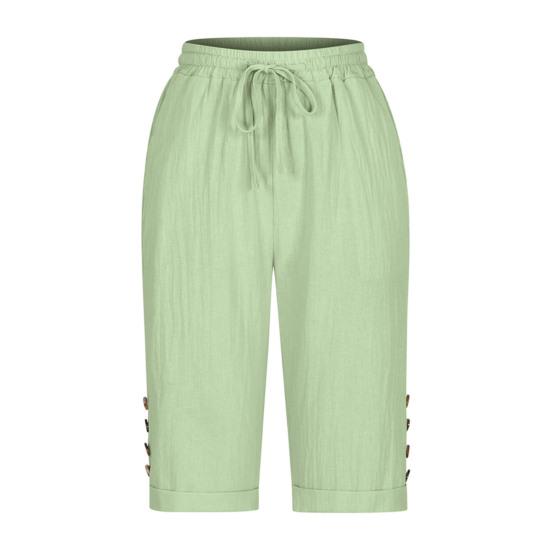 Women Summer Shorts Elastic Waistband Adjustable Drawstring Casual Pants with Pockets Solid Color Buttons Decor Knee-length Pants