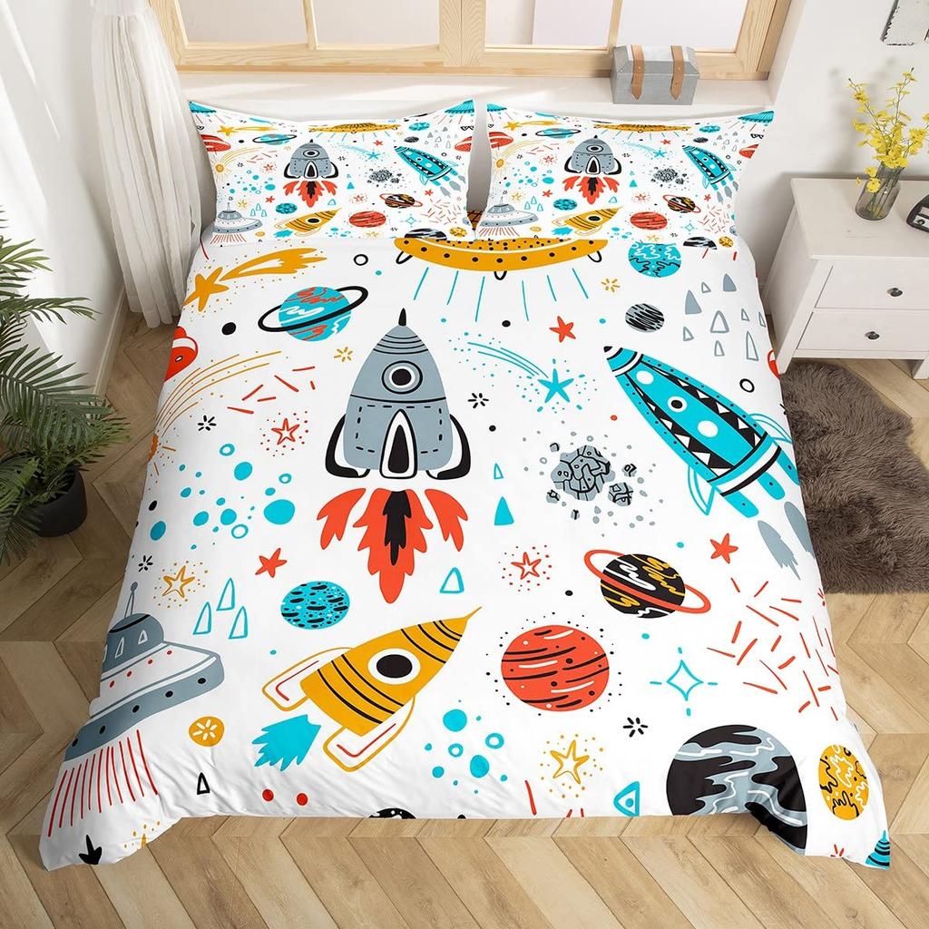 Kids Rocket Duvet Cover Twin Boys Space Planet Theme Bedding Set 3pcs Set Watercolor Spaceship Stars Universe Comforter Cover