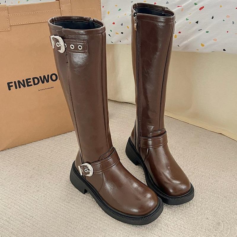 2024 Высококачественная женская обувь с боковой молнией, женские сапоги, модные современные сапоги с пряжкой на ремне, женские новые сапоги до колена с круглым носком