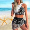 Women's Shoulder Strap Swimsuit Black and White Printed Bikini Short Tank Top Swimsuit