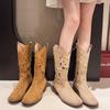 New Popular Hollow Embroidered Vintage Western Boots Women Autumn Chunky Heels Knee High Cowboy Boots Woman Leather Knight Boots