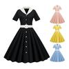 Women Dress V Neck Lapel Single-breasted with Belt A-line Big Swing Tight High Waist Solid Color Retro Short Sleeve Princess Style Lady Midi Dress