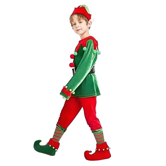 Christmas Elf Costume Set Boys Girls Festive Elf Outfit Kids Classic Red Green Elf Hat Stockings Set Dress-up Attire for Parties Cosplay Performance