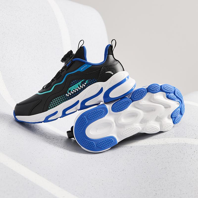 Anta Kids Synthetic Leather Fabric Trendy Lightweight Shock Absorbing Low Top Running Shoes Kids Sneaker Black Blue Green A12435523N-2