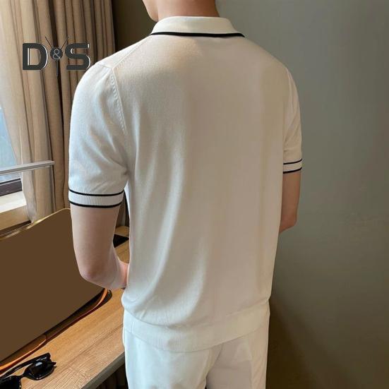 Men Summer Shirt Thin Knitted Short Sleeve Zippered Lapel Top Stretchy Hem Striped Solid Color Loose Shirt for Commuting Travel Outdoor