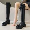 Autumn Winter Stretch Over The Knee Boots Women Fashion Round Toe Square Platform Thick Heels Long Booties  2025 Velvet Lining