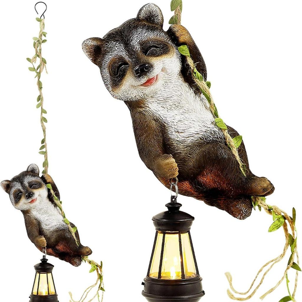 Solar Light Outdoor Statues, Resin Raccoon Climbing On A L Vine With LED, Waterproof Hanging Animal Figurine With Hook