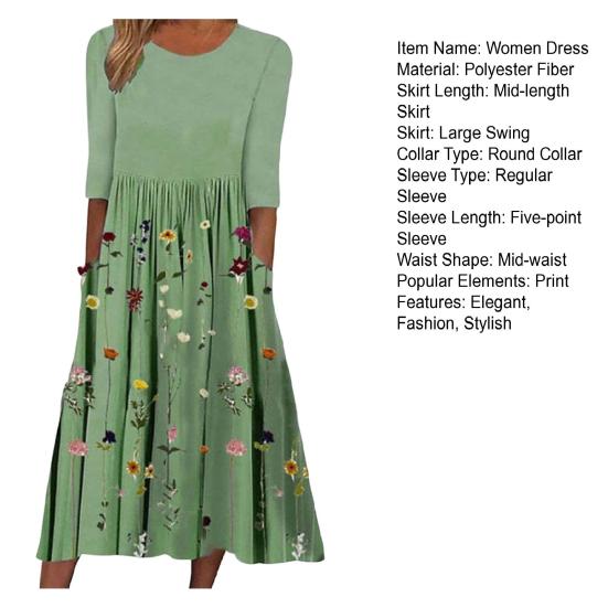 Women's Summer Flowy Midi Dress Boho Floral Pleated Dress with Pockets Casual Half Sleeve Crew Neck Swing Dress