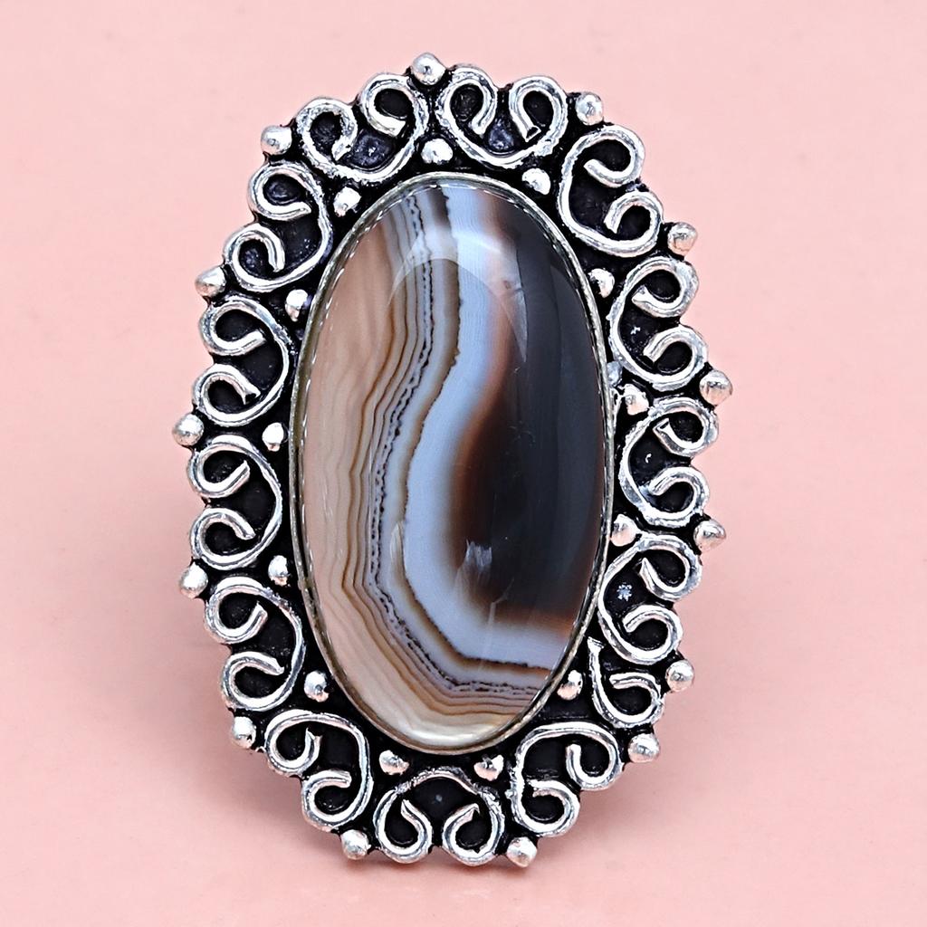 Gray Botswana Agate Gemstone Handmade Silver Jewelry  "8"
