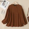 Women Casual Round Neck Solid Color Long Sleeve Blouse