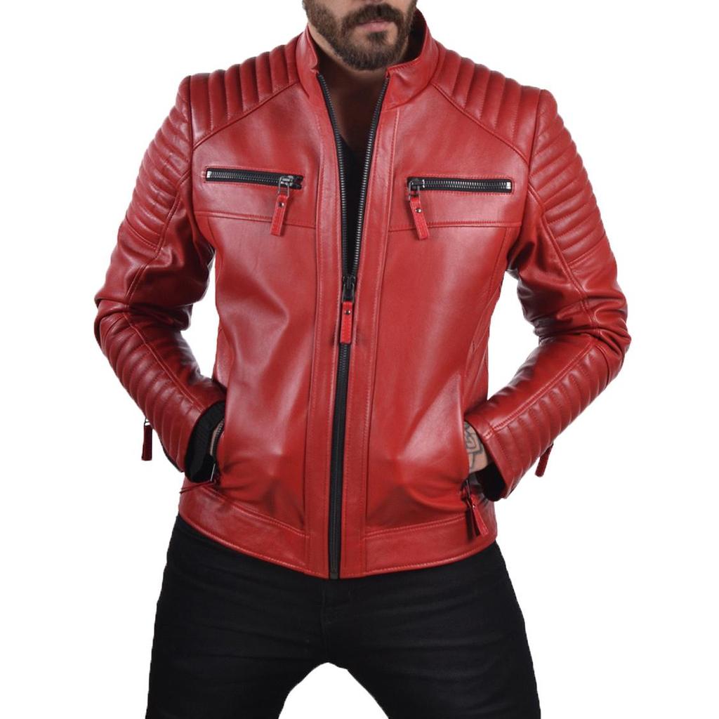 SKINOUTFIT Men's Genuine Lambskin Red Leather Jacket Stylish Motorcycle Bomber Biker Outerwear MJ 107