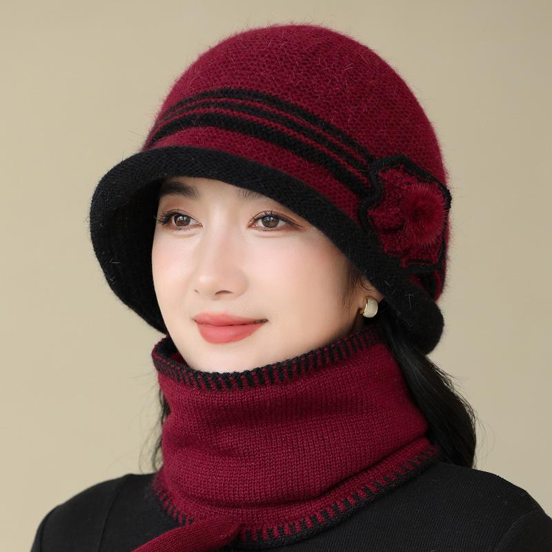Зимняя Новая Теплая Шляпа-Ведро Женская Модная Шляпа для Среднего и Пожилого Возраста Флисовая Утолщенная Вязаная Шапка из Кроличьего Пуха