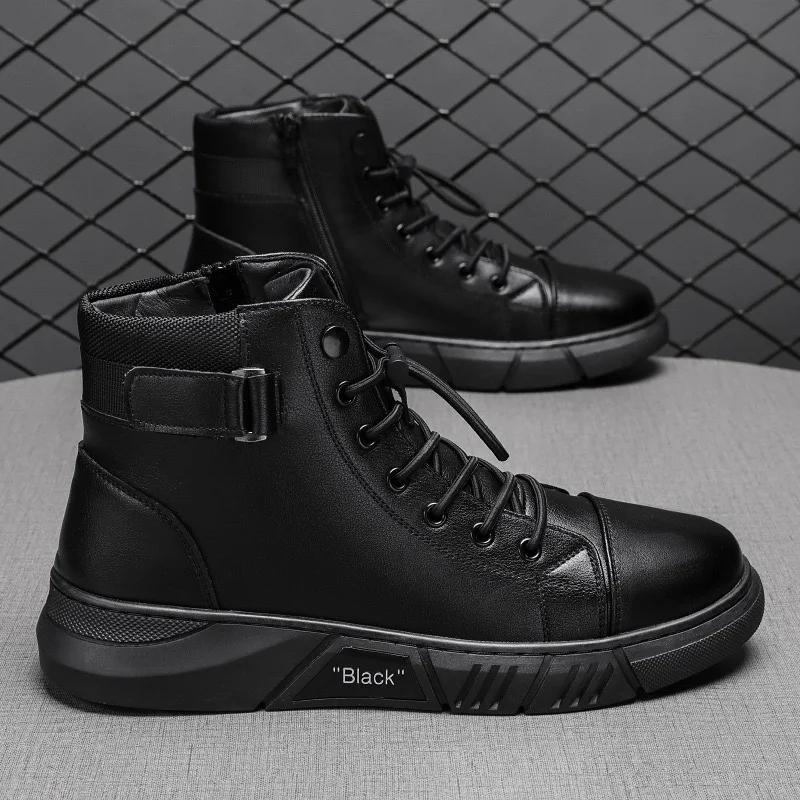 Men's High-top Boots 2024New Casual Leather Boot Fashion Motorcycle Boots for Men Plush Warm Winter Boots Big Size48Botas Hombre