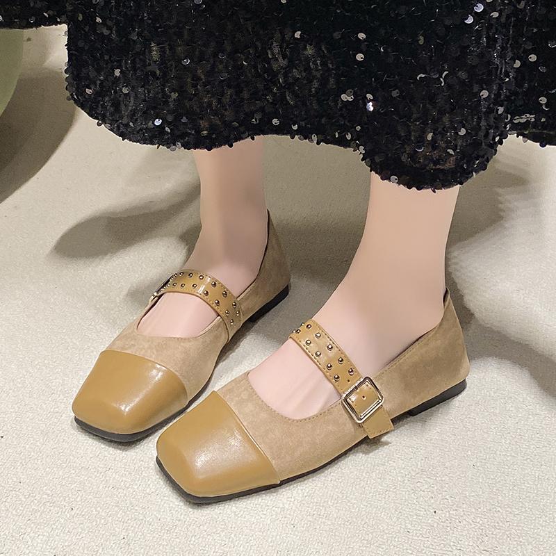Spring New Flat Shoes Women's Square Head Splicing Suede Shallow Mouth Rivets with Soft Sole Non-slip Single Shoes