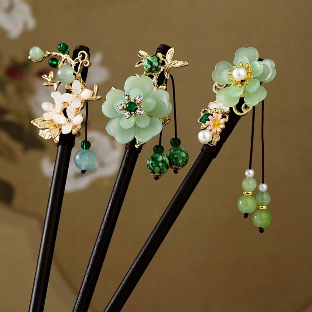 Handmade Flower Hair Sticks Chinese Style Party Hair Bun Decorative Wooden Hairpin for Women Girls