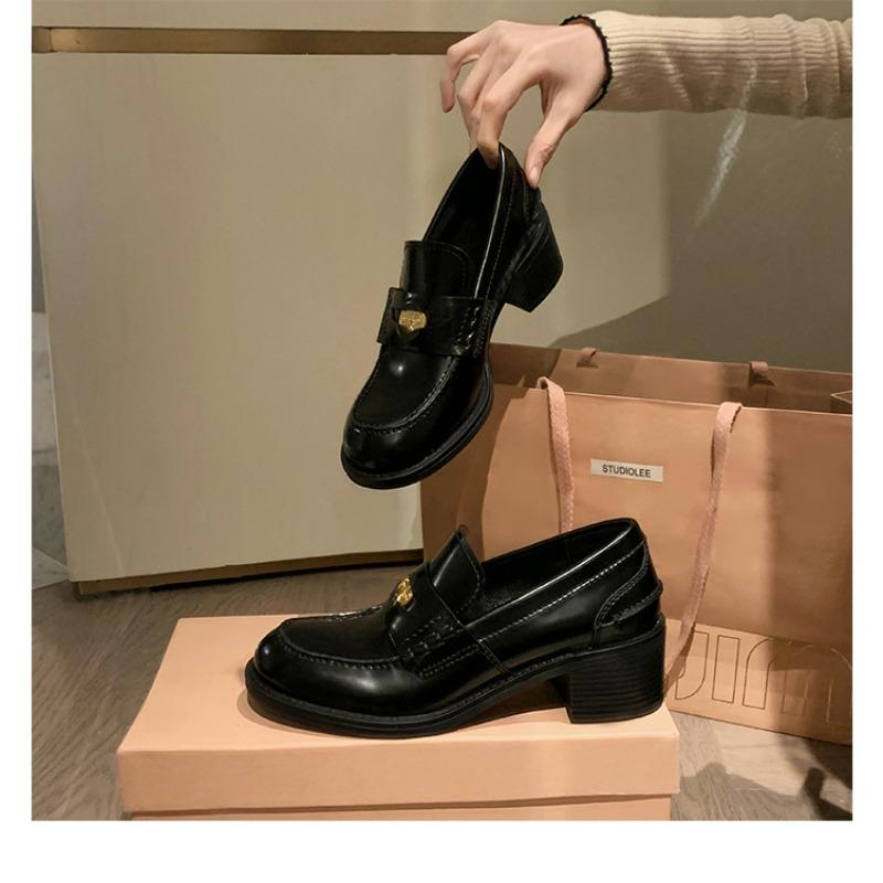 Sheepskin British Round Head Gold Coin Genuine Leather Thick Sole One Pedal Thick Heel Women's Small Leather Shoes