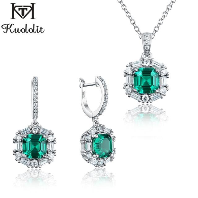 Kuololit Emerald Gemstone Luxury Jewelry Set for Women Real 925 Sterling Silver Asscher Cutting Ring Earrings for Bridal Gift