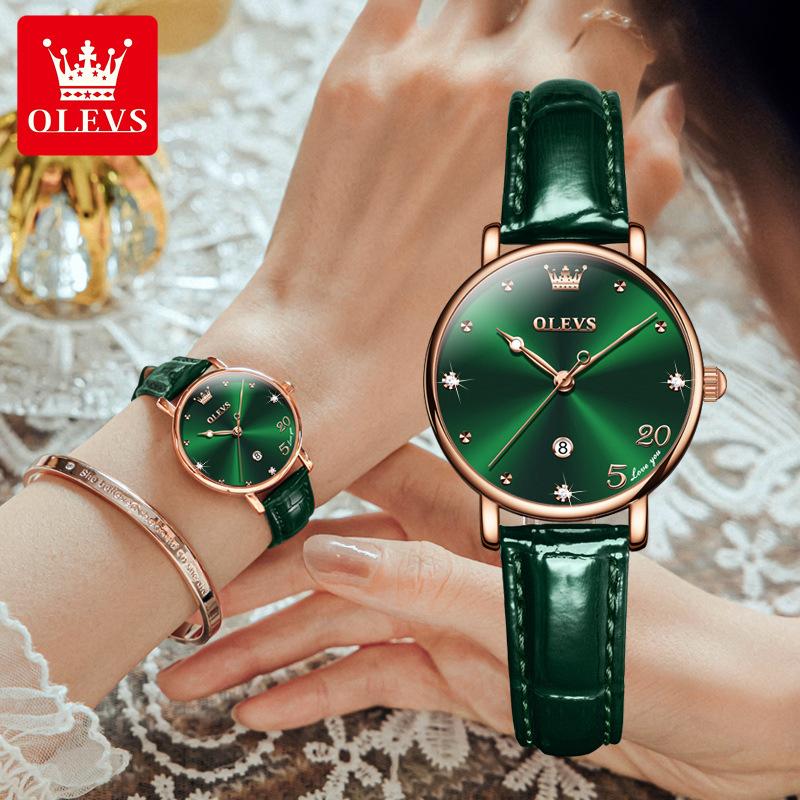 OLEVS Valentine's Day Gift 2023 New Fashion Quartz Small Green Watch Simple Belt Women's Watch