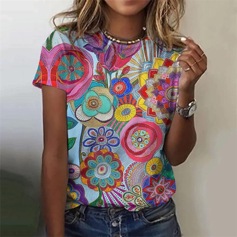 Retro Style 3D Printed T-shirts with Fashionable Round Neck Short Sleeved Top Featuring Ethnic Patterns Women's T-shirts