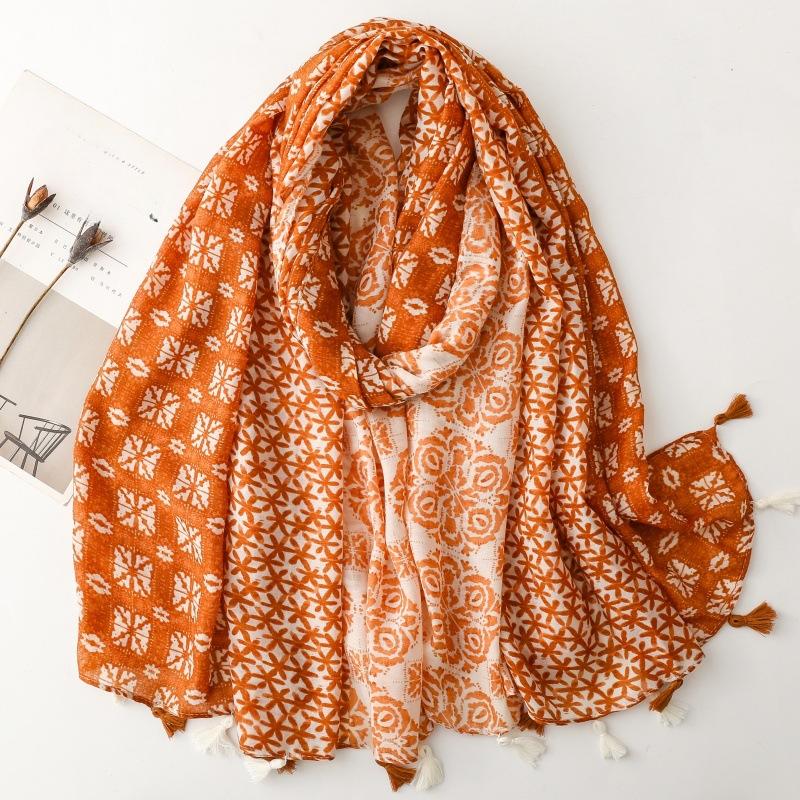 Spring and Summer Cotton and Linen Scarf with Celebrity Style Geometric Style Tassel Scarf Warm Shawl