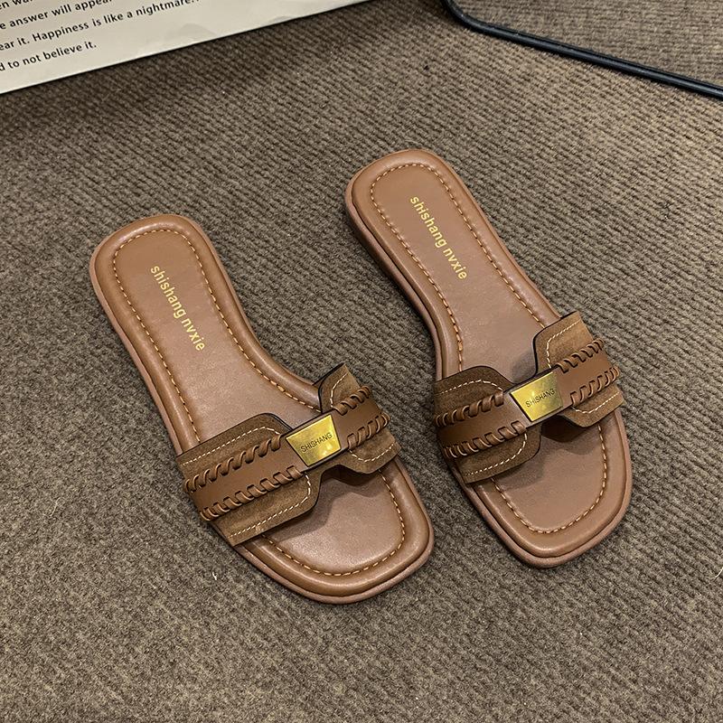 Sandals Outside Slippers Women's 2025 New Summer Women's Shoes Niche Design Sense One-word Flat Shoes