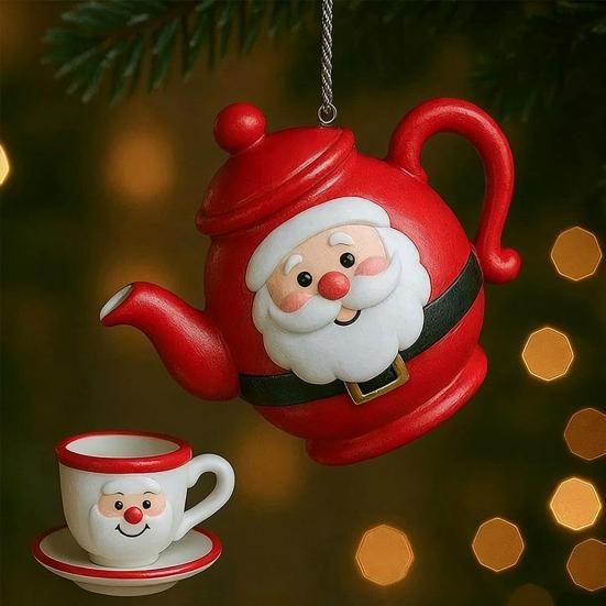 Christmas Teapot Ornament Holly Vintage Tea Cups And Pot Set Xmas Tree Hanging Ornaments 2D Acrylic Teapot Decor with Pouring Tea Effect