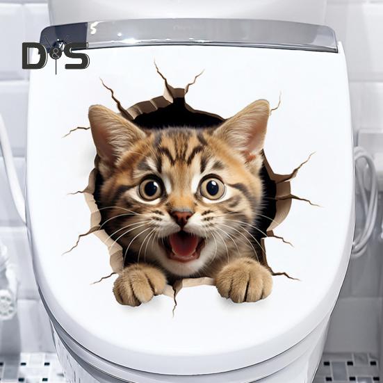 Through-wall Cat Toilet Sticker Waterproof Removable Self-adhesive PVC Living Room Bathroom Wall Art 3D Effect Simulation Kitten Toilet Seat Lid