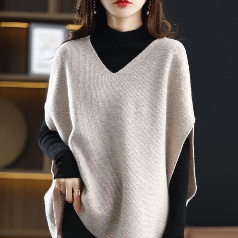 Autumn and Winter Plus Size Vest Women's V-neck Bat-sleeved Solid Color All-match Sleeveless Loose Outer Wear Knitted Women's Waistcoat
