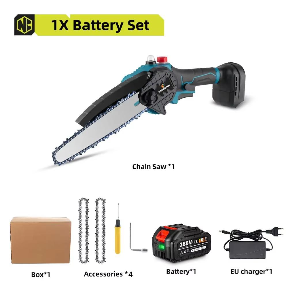 Newbeny 8-Inch Cordless Chainsaw with Brushless Motor 1500W Electric Pruning Saw for Wood Cutting Tree Trimming Gardening with Makita 18V Battery