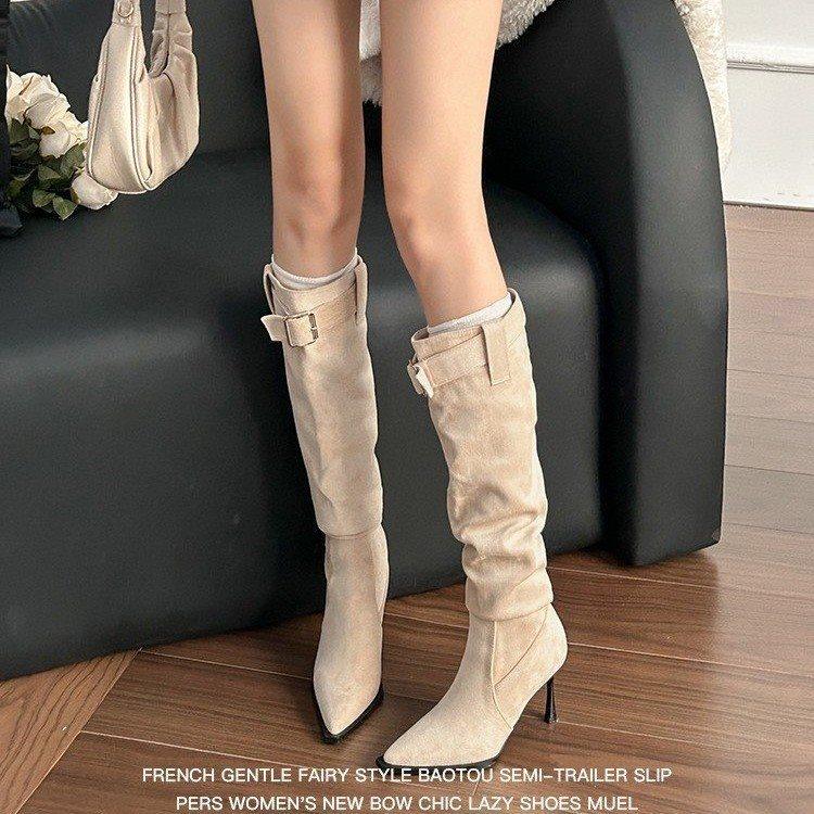 Boot Tip Autumn Temperament Sub New Small Man 2025 Stack Boots Thin Heel Boots Women's High Heel Suede Head