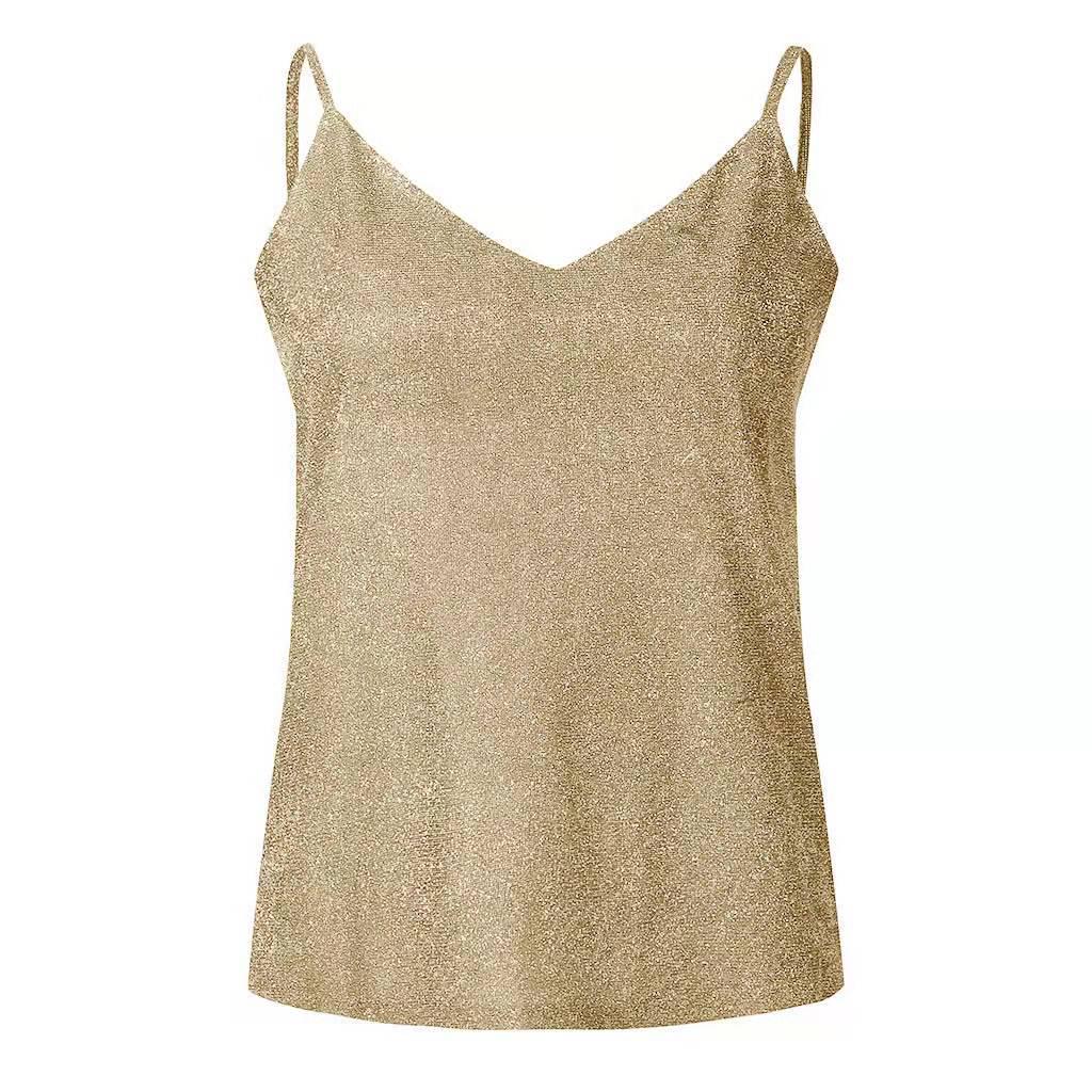 European & American Women's Shiny Silver Dot V-Neck Pearl Camisole