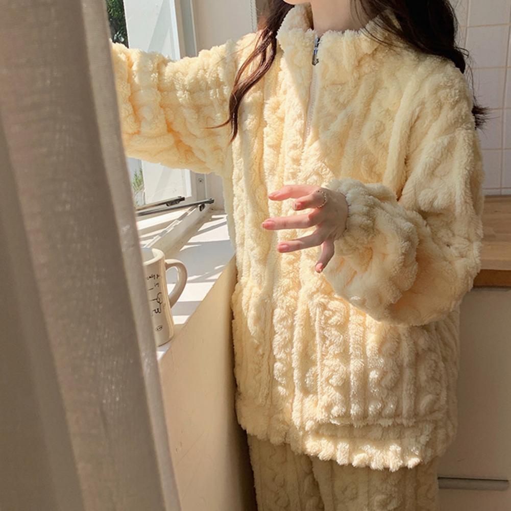 Women Pajamas Cozy Winter Pajamas Set with Stand Collar Zipper Closure Thick Coral Fleece Homewear Coat for Unisex for Nights
