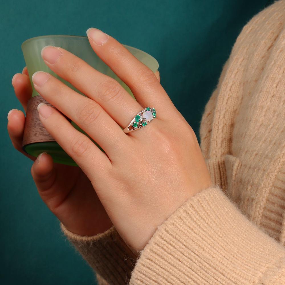 Luxury Design Natural Color Rich Opal & Green Agate Gemstone Ring Earrings Set Light Luxury Beautiful Jewelry for Women