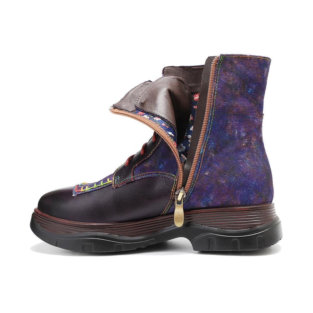 Johnature Genuine Leather Retro Shoes Women Boots Round Toe Floral Sewing Concise Handmade Ankle Platform Boots