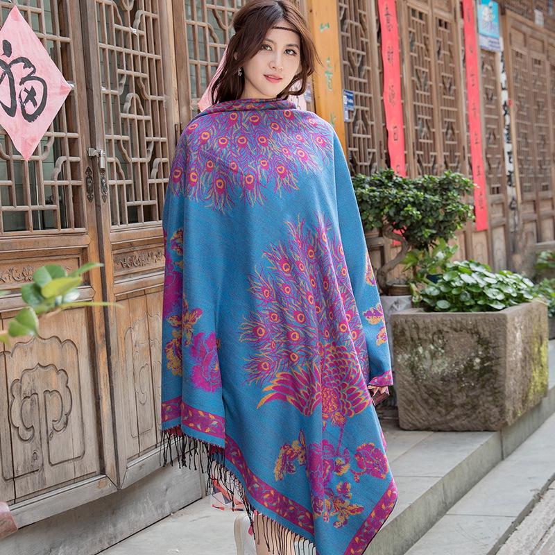 Lijiang Ethnic Style Double-Sided Phoenix Jacquard Cashmere Shawl and Scarf for Women