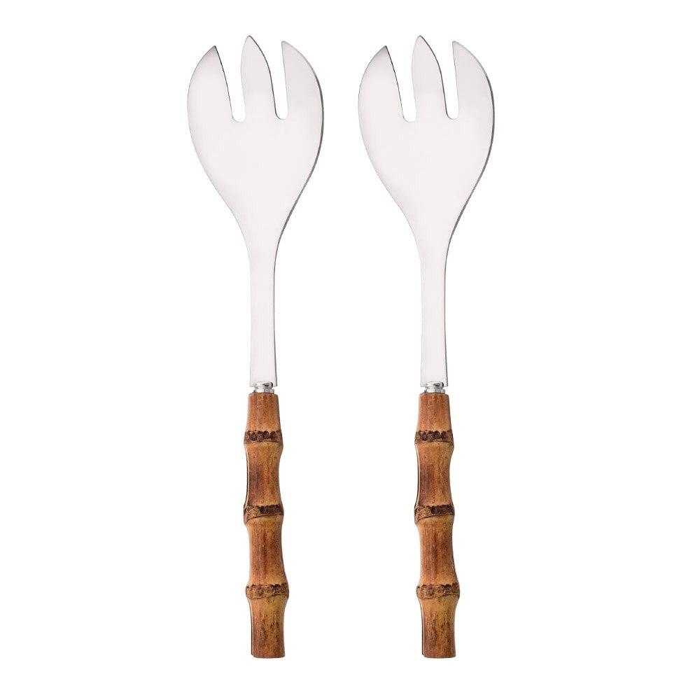2Pcs Serving Utensils Cutlery 304 Stainless Steel Big Fork and Spoon with Natural Bamboo Handle Food Serving Salad Spork Server Spoon Tableware Set