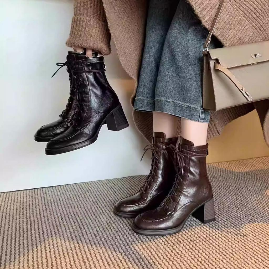 Coarse Heel Heightening Martin Boots Women's 2025 New Versatile Side Zipper Lace-up Short Boots Locomotive Knight Boots