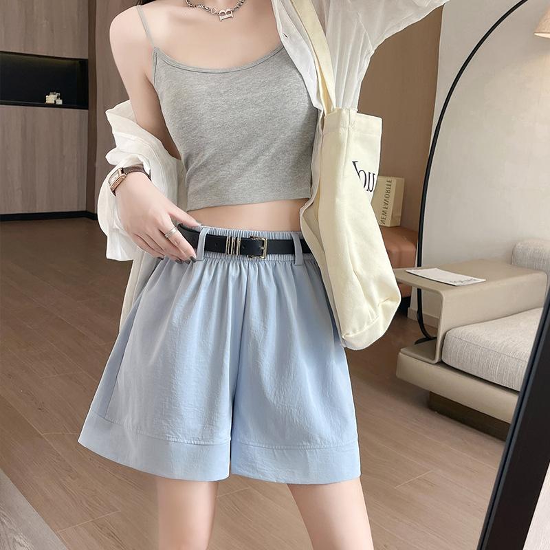 Women Summer Solid Color High-Waisted Wide-Leg Casual Shorts Pants