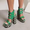 2025 Heel Printing Stage Shoes Ultra High Thick Heel Platform Three Row Belt Buckle Peep Toe Shoes Fashion Party Women's Sandals