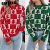 Autumn and Winter Christmas Tree Checkered Lantern Long-sleeved Pullover Sweater Women's Clothing