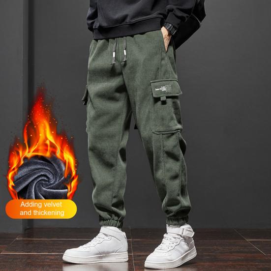 Fall Winter Men Cargo Pants Loose Drawstring Elastic Waist Plus Size Joggers Thickened