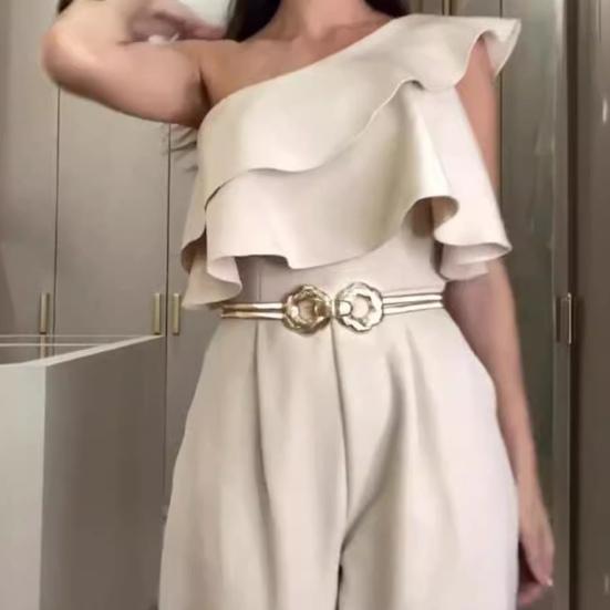 Women Summer Jumpsuit Ruffle Sleeveless High Waist Wide Leg One Shoulder Slant Neck Solid Color OL Commute Style Slim Fit Long Jumpsuit