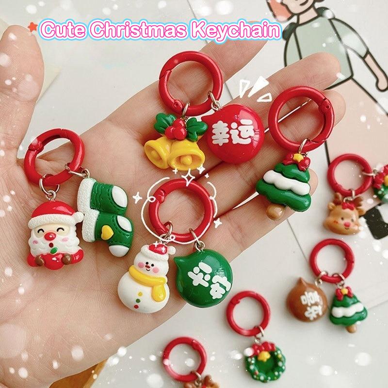 Kawaii Christmas Keychain Cartoon Santa Claus Elk Tree Snowman Pendant Key Ring Backpack Decoration Couple Friends Gifts