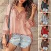 Women Shirt V-Neck Long Sleeve Side Split Hem Pullover Tops Solid